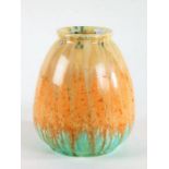 Ruskin pottery vase, of shouldered tapering form, with a crystalline glaze in streaked orange into