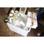 Collection of four chandeliers and two brass table lamps, with a box of prism drops and fittings (