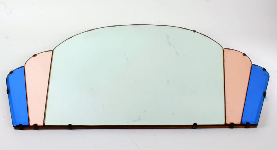 Art Deco wall mirror, having bevelled edging and centred with an arched mirror and amber and blue