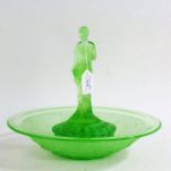 Art Deco green glass table centre piece, having a figure of a semi-naked lady within a floral