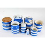 Collection of T.G. Green Cornishware, comprising sugar sifter, three storage jars, coffee pot,