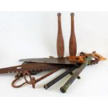 Collection of mostly tools, to include a crosscut saw, two other large saws, Salter scales, brass