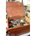 Large pine box of various hand tools (qty)