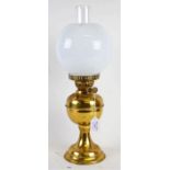 Victorian brass oil lamp with opaque glass shade and chimney, 51cm high