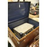 Tin trunk containing a small suitcase, engine and tractor instructions, maps etc. (qty)