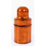 Victorian yew wood bottle case and bottle, with a stamp to the lid Mawson & Thompson, 14cm high