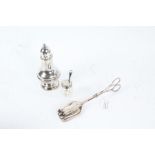 Silver plated sugar caster by Punder Bros, together with a cut glass sugar pot and spoon, and a pair