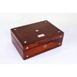 Victorian rosewood and mother of pearl inlaid jewellery box, with yellow plush interior, 24.5cm