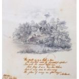 19th century English School, pencil study of a dog chasing a bird, with text written in ink below,