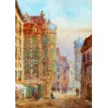 19th Century school, Ratisbonne street scene, indistinctly signed watercolour E Hevi? 19cm x 27cm