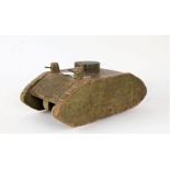 Wooden toy model of a First World War tank, 31 cm by 17.5cm