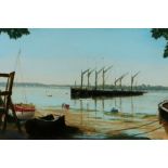 Geoffrey Webb (20th century) Estuary scene with moored barges, Pin Mill, Suffolk, signed (lower-