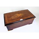 19th century Continental cylinder music box, the the rosewood box having lid with marquetry inlay