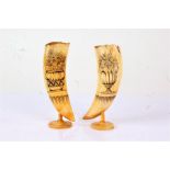 Pair of 19th century scrimshaw whales teeth, the engraved pen work decoration with urns blooming