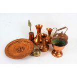 Collection of copper ware, consisting of a 19th Century teapot, vases, charger and others (qty)