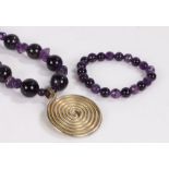 Amethyst bead necklace with white metal roundel pendant, similar amethyst bead bracelet (2)