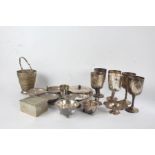 Silver plated ware to include trefoil form dish, goblets, bowl and cover, Eastern fish form dish