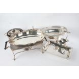 Silver plated ware to include butter dish with cow form finial, hot plate with burner, cake basket