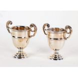 Pair of George V silver trophy cups, Birmingham 1913, maker FW, each with double scroll handles