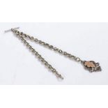 Victorian pocket watch chain, in white metal with links, T bar, clip end and medal, 37.5cm long,