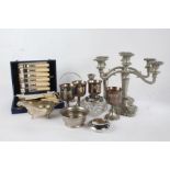 Silver plated ware to include pair of sauceboats, pair of three branch candelabra, preserve pot ,