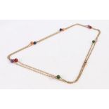 9 Carat Gold chain necklace,  with circular beads consisting with coral, amethyst and agates, weight