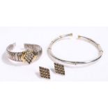 Suite of Silver Greek jewellery to include a bracelet, torc and a pair of clip on earrings (4)