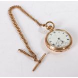 Gold plated open face pocket watch, the white dial with Roman numerals and subsidiary seconds