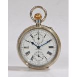 Continental 900 silver open face pocket watch/ stop watch, the white enamel dial signed "A.