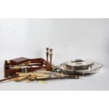 Silver plated ware to include salvers and trays, flatware, napkin rings, candlesticks etc. (qty)