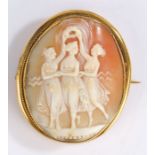 19th Century cameo brooch, depicting a neoclassical scene of three ladies, 5cm long