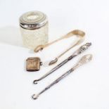 Silver, various dates and makers, to include pair of sugar tongs, dressing table hair tidy with