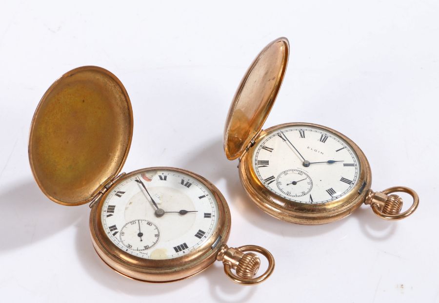 Elgin gold plated hunter pocket watch, the signed white dial with Roman numerals and subsidiary