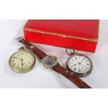 Two pocket watches, one silver pocket watch with Roman numerals set on a white dial together with