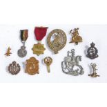 Selection of military badges including a Norfolk Regiment cap badge, Royal Flying Corps collar