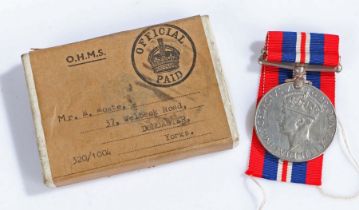 1939-1945 British War Medal in addressed box of issue to 'Mr M. Moate, 37, Welbeck Road,