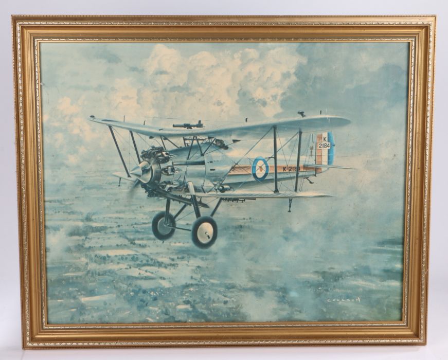 Framed print of a Bristol Bulldog aircraft by Coulson, specification sheet to reverse, 70 cm x 54
