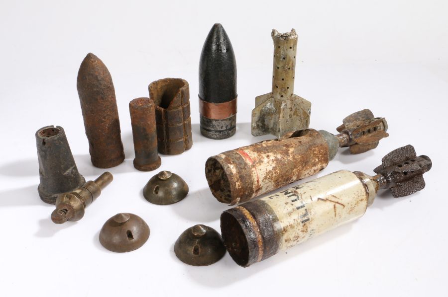 Collection of expended ordnance, mortar bombs, grenade, projectiles, fuze caps, etc, inert, (qty)