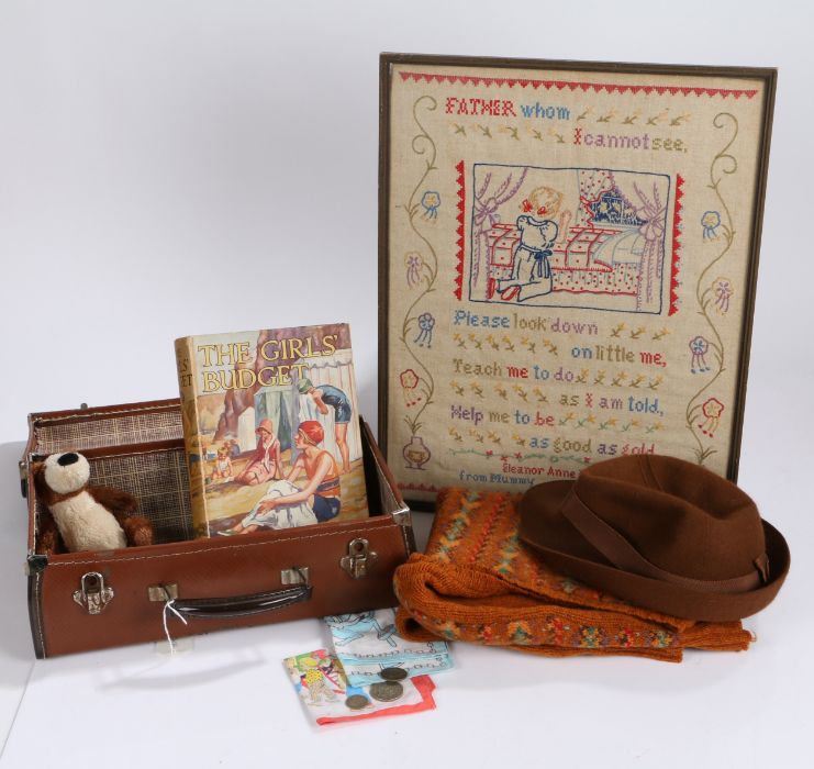 Second World War 'evacuee' grouping including, small suitcase, girls hat named to 'J. Monkton', book