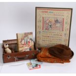 Second World War 'evacuee' grouping including, small suitcase, girls hat named to 'J. Monkton', book