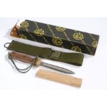 Commemorative fighting knife, leaf shaped blade with 'Korea, WWII, Vietnam, Commando' etched to