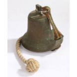 Brass Ships Bell, 16 cm high, 20 cm in diameter, with bell rope and bulkhead/wall mounting