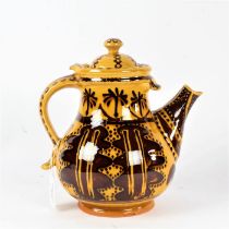 20th Century large slipware teapot, the yellow ground with brown decorations, dated 1971 near the