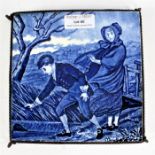 19th century Wedgwood blue and white transfer printed tile, entitled 'March', raised on an