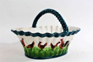 19th Century Wemyss ware oval basket, the twist handle and undulating rim above scenes of multiple