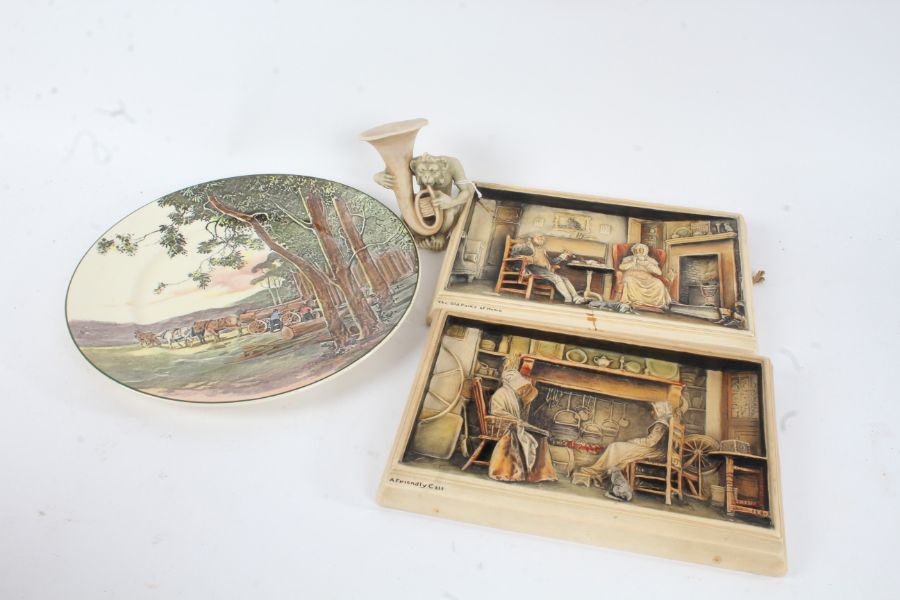 Mixed ceramics, to include three Ivorex plaques, a Royal Doulton plate depicting loggers, a Tykes'