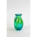 20th Century art glass vase in green with blue and yellow swirls, signed to the base, 12cm high