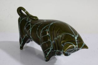 Trentham Art pottery money bank in the form of a bull, the green body with turquoise line