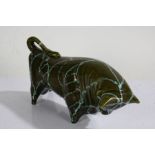 Trentham Art pottery money bank in the form of a bull, the green body with turquoise line