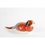 Royal Crown Derby porcelain paperweight in the form of a pheasant, lacking stopper, 18cm long